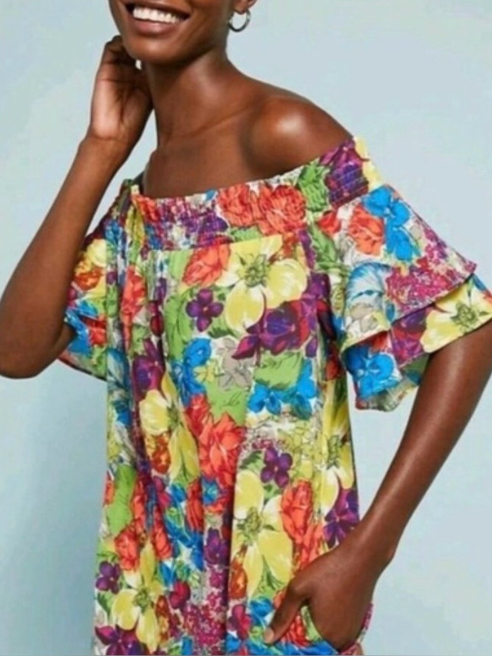 Anthropologie Allihop off-shoulder mini dress or top, pockets, flutter sleeves